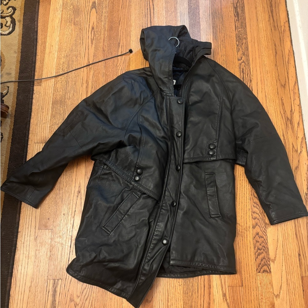 Middlebrook Park Vintage 90s Black Genuine Leather Hooded Coat Jacket Men Size L